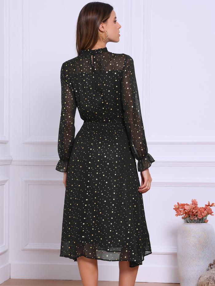 Allegra K Sheer Sleeve Smocked Waist Metallic Stars Midi Dress
