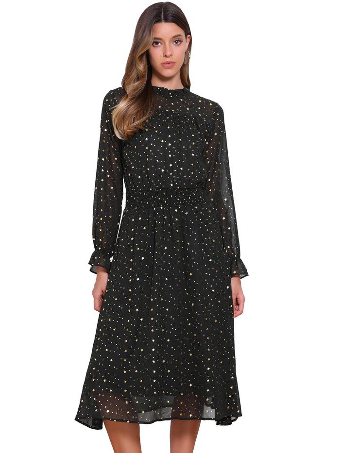 Allegra K Sheer Sleeve Smocked Waist Metallic Stars Midi Dress