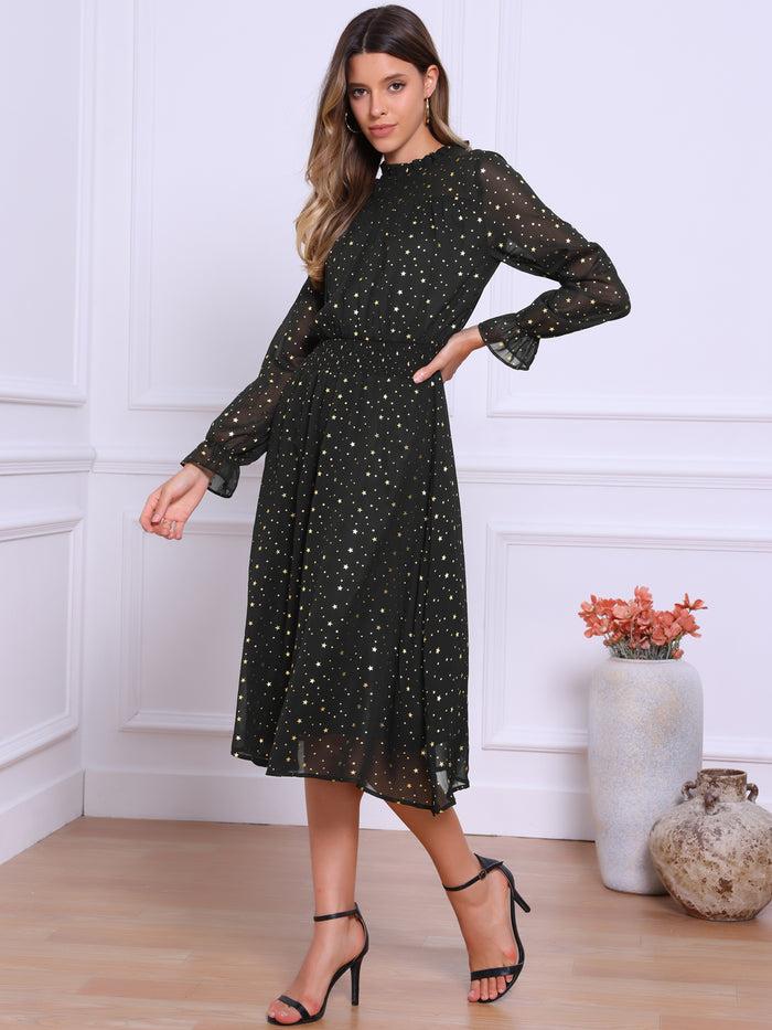 allegra k Sheer Sleeve Smocked Waist Metallic Stars Midi Dress