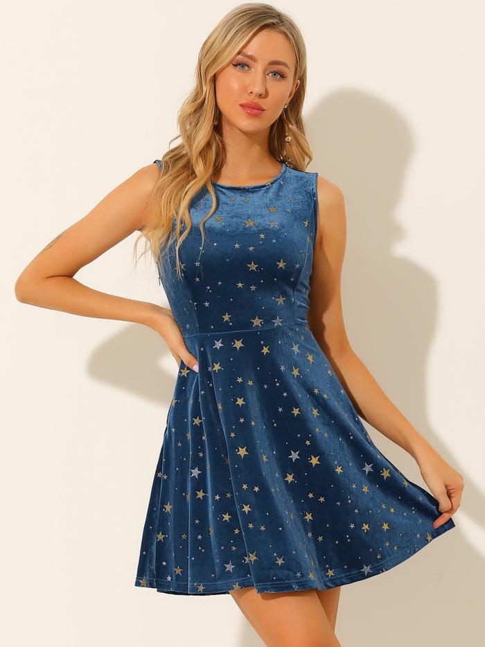 Allegra K Shiny Stars Print Sleeveless Swing Mini Velvet Dress