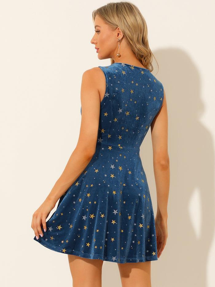 Allegra K Shiny Stars Print Sleeveless Swing Mini Velvet Dress