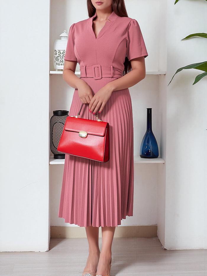 Allegra K Short Sleeve Belted Pleated Work Midi Dress Professional Office Style Cinched Waist And Flared Pleats