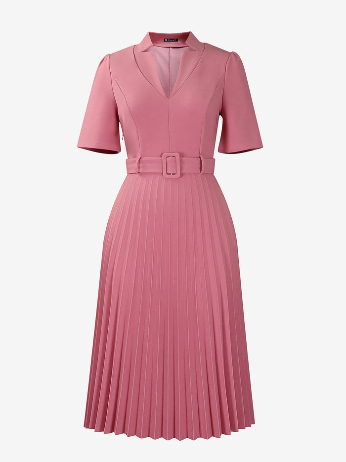 Allegra K Short Sleeve Belted Pleated Work Midi Dress Professional Office Style Cinched Waist And Flared Pleats