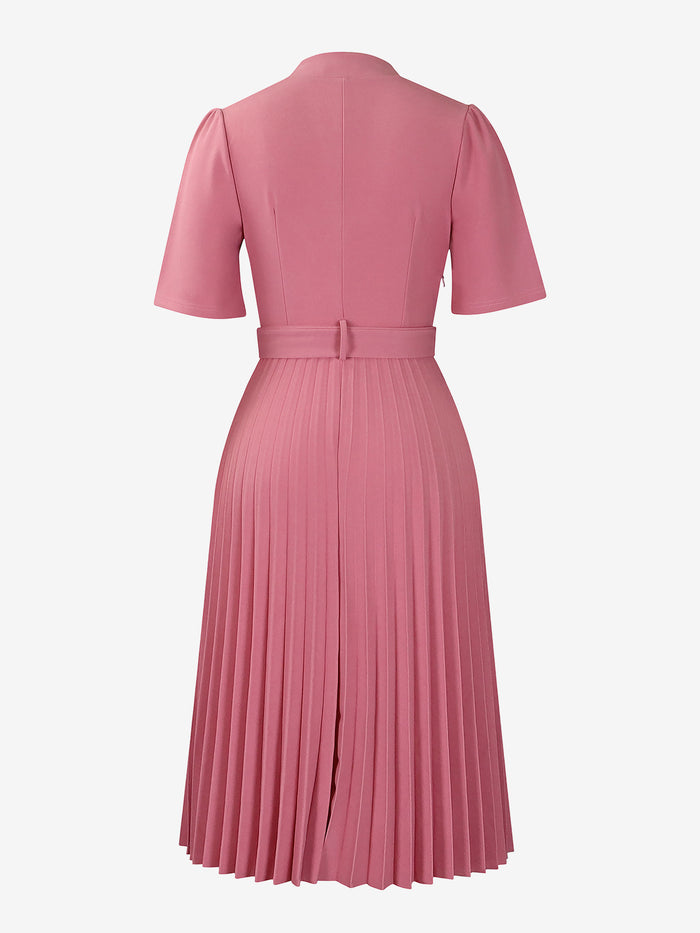 Allegra K Short Sleeve Belted Pleated Work Midi Dress Professional Office Style Cinched Waist And Flared Pleats