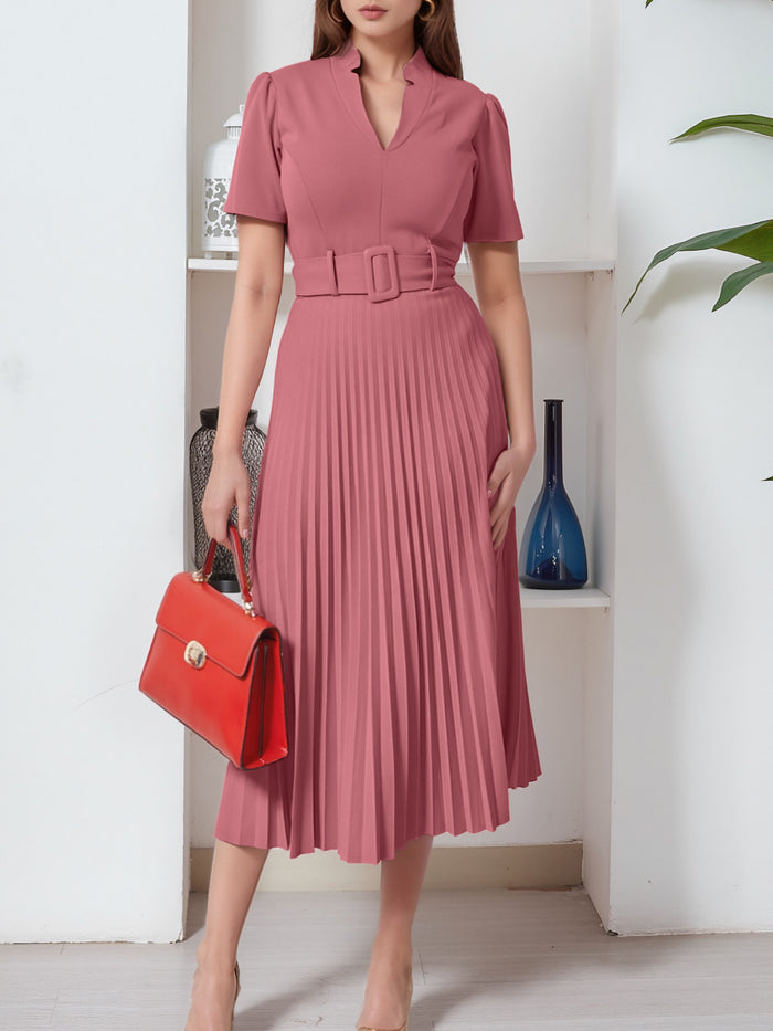 allegra k Short Sleeve Belted Pleated Work Midi Dress Professional Office Style Cinched Waist and Flared Pleats