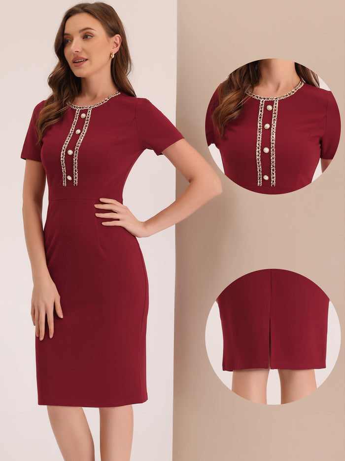 Allegra K Short Sleeve Button Decor Bodycon Sheath Work Midi Dress