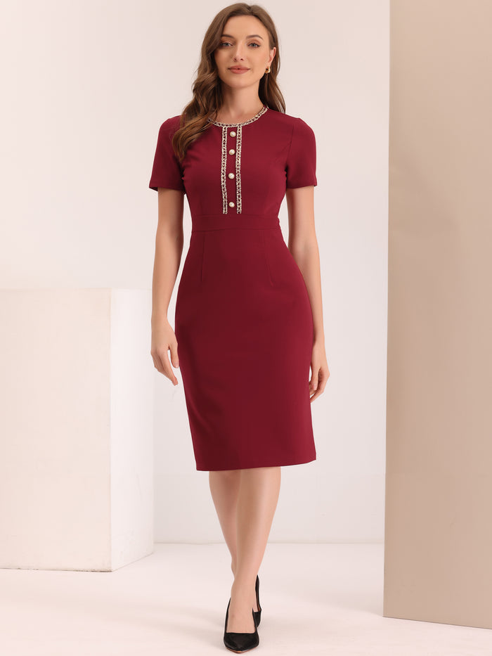 allegra k Short Sleeve Button Decor Bodycon Sheath Work Midi Dress
