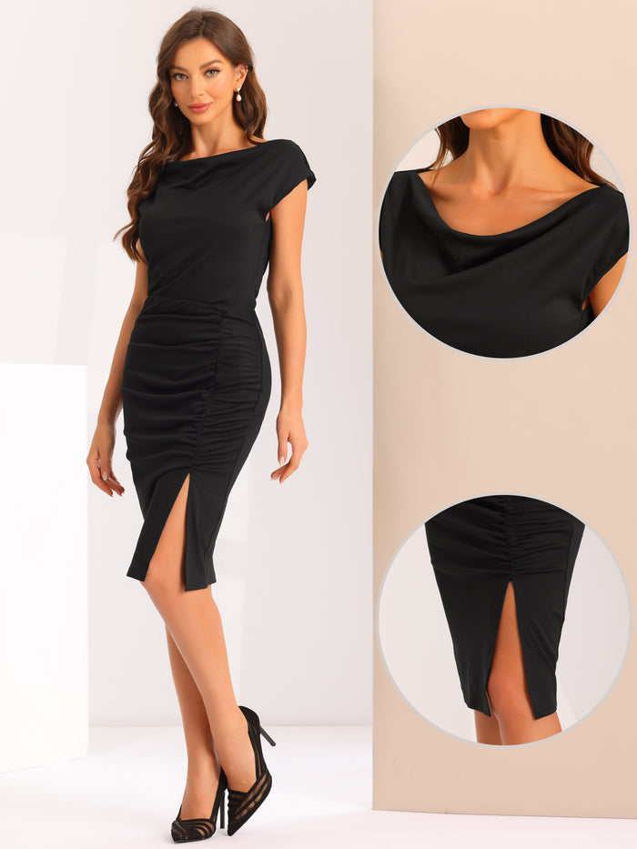 Allegra K Short Sleeve Cowl Neck Ruched Bodycon Slit Midi Dress