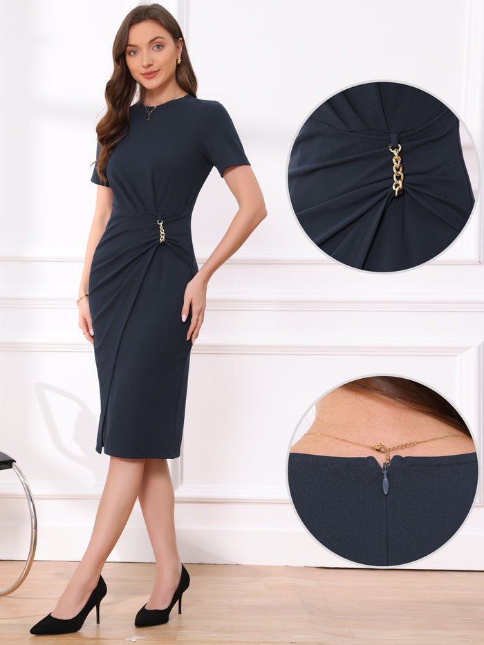 Allegra K Short Sleeve Crew Neck Midi Sheath Work Dress