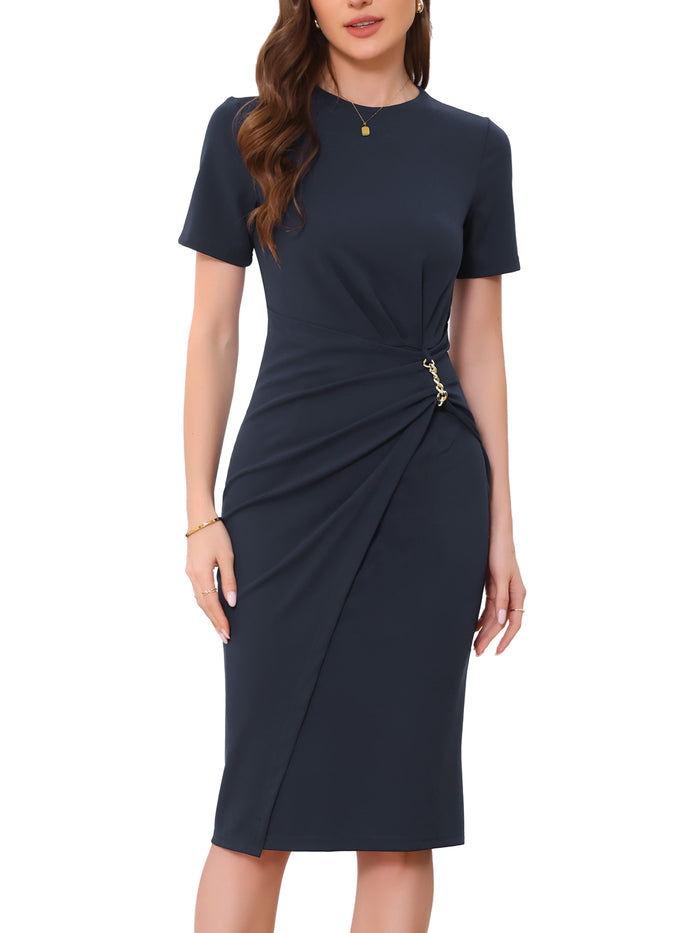 Allegra K Short Sleeve Crew Neck Midi Sheath Work Dress