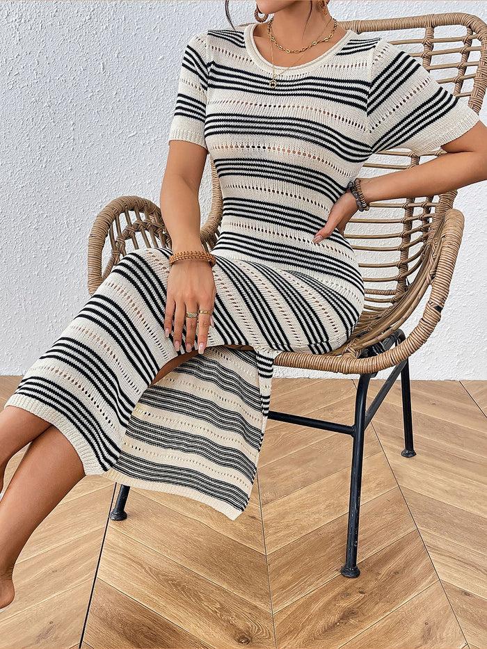 Allegra K Short Sleeve Hollow Knitted Side Slit Striped Dress