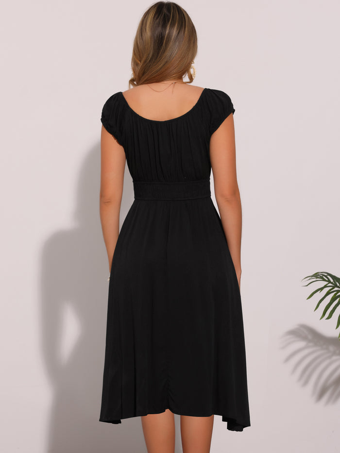 Allegra K Short Sleeve Lace-Up Smocked Flowy Casual Midi Dress