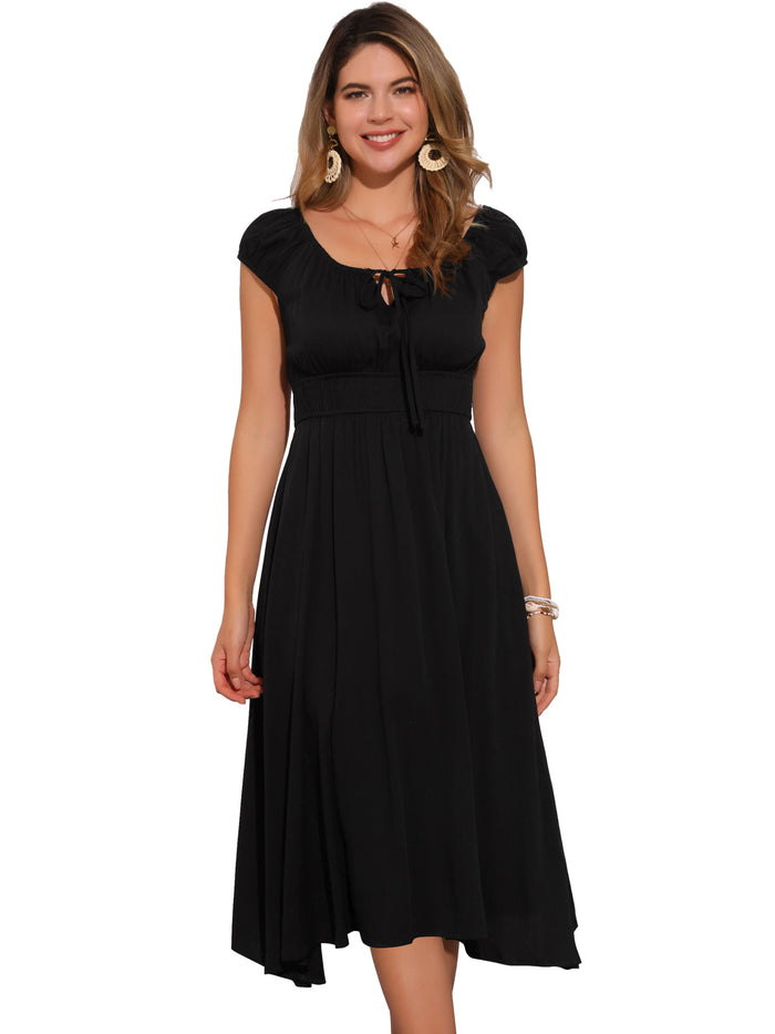 Allegra K Short Sleeve Lace-Up Smocked Flowy Casual Midi Dress