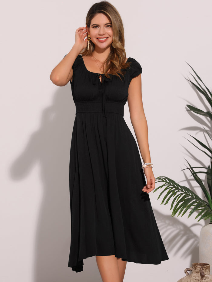 allegra k Short Sleeve Lace-Up Smocked Flowy Casual Midi Dress