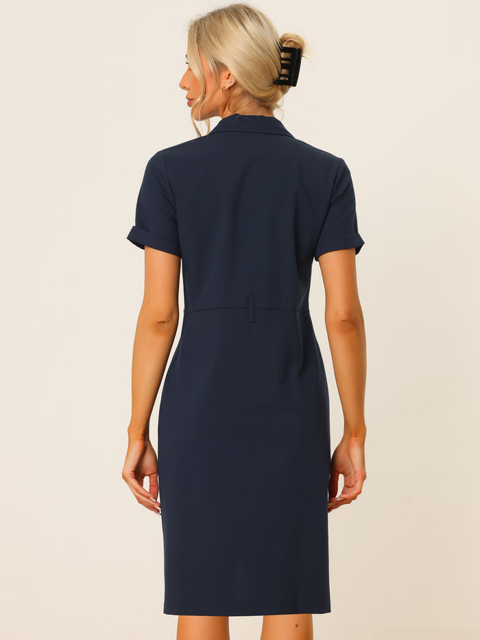 Allegra K Short Sleeve Notched Lapel Slit Double Breasted Belt Work Blazer Dress