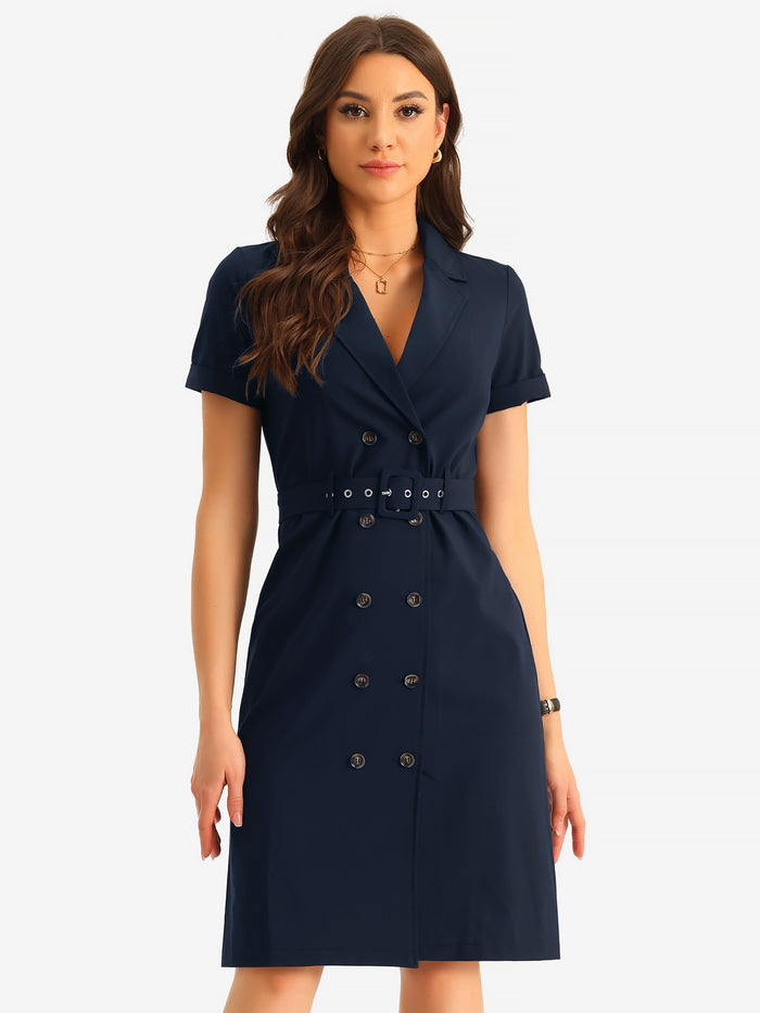 Allegra K Short Sleeve Notched Lapel Slit Double Breasted Belt Work Blazer Dress