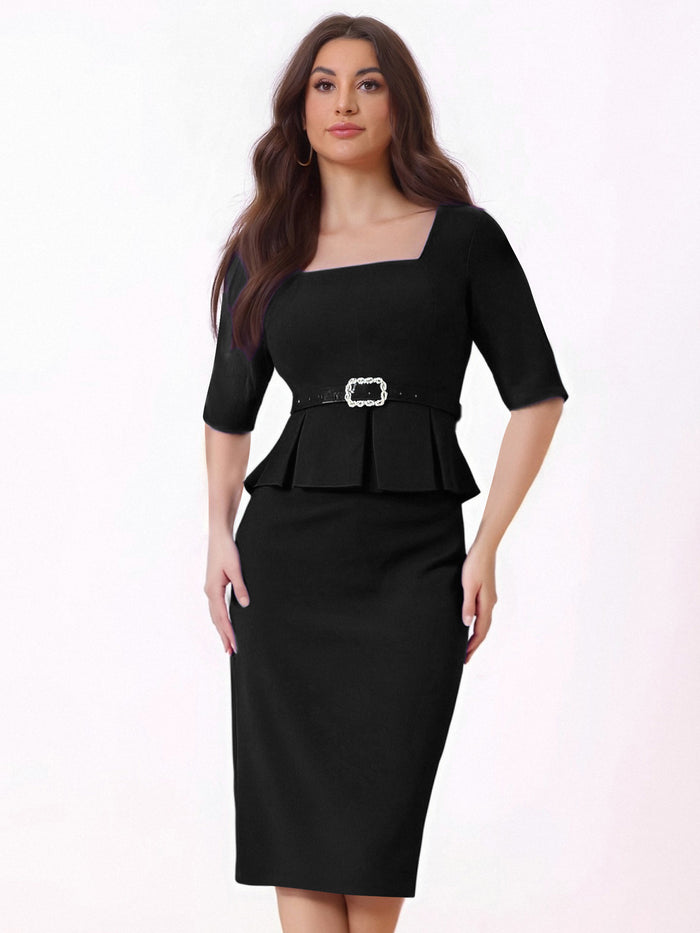 Allegra K Short Sleeve Peplum Belted Midi Sheath Dress