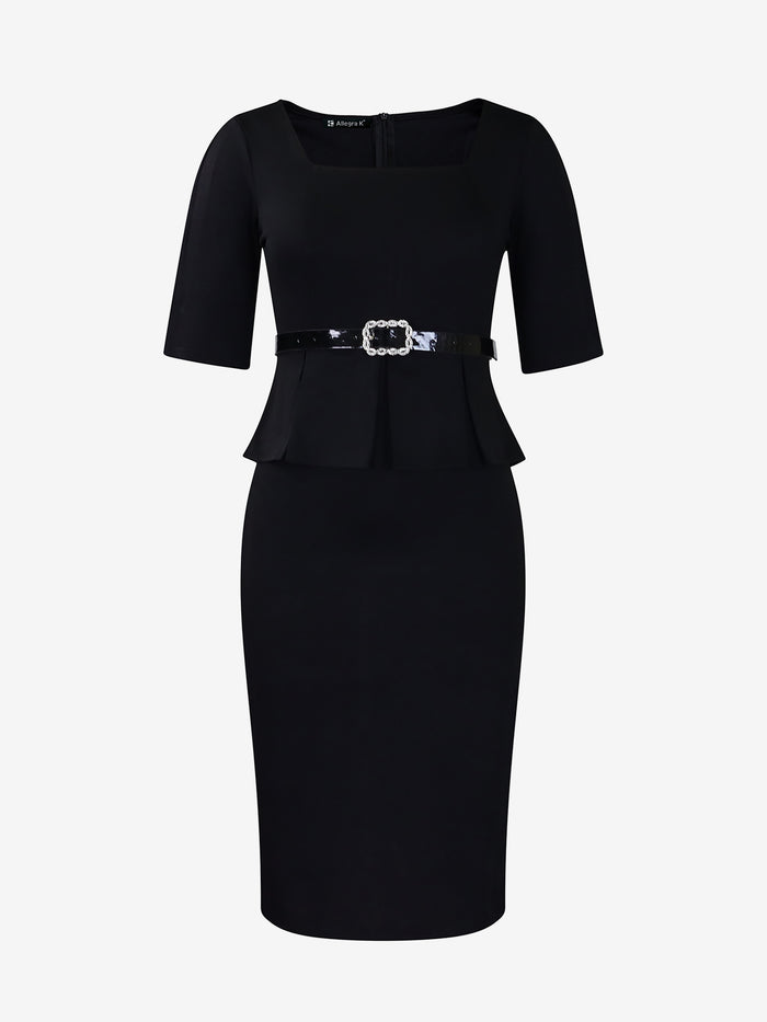 Allegra K Short Sleeve Peplum Belted Midi Sheath Dress