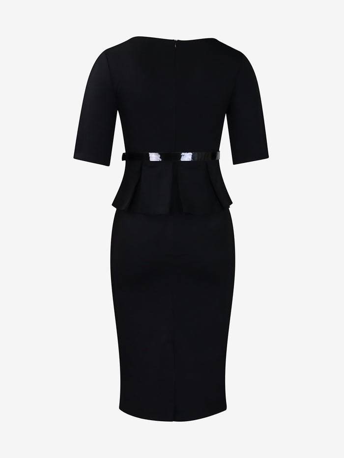 Allegra K Short Sleeve Peplum Belted Midi Sheath Dress