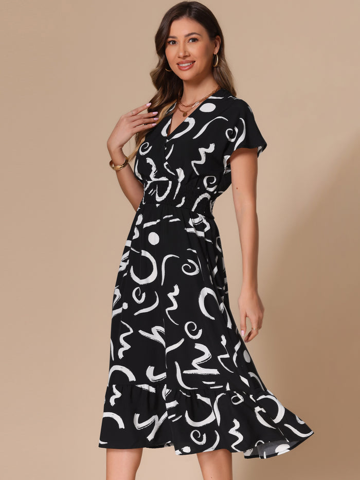 Allegra K Short Sleeve Smocked Brush Strokes Print Midi Dress