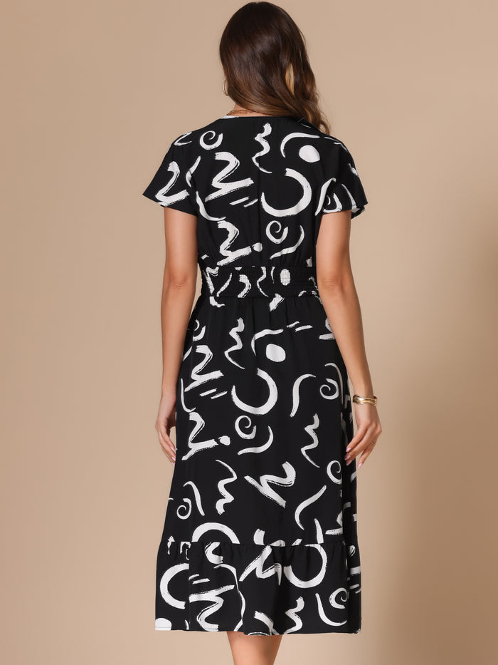 Allegra K Short Sleeve Smocked Brush Strokes Print Midi Dress
