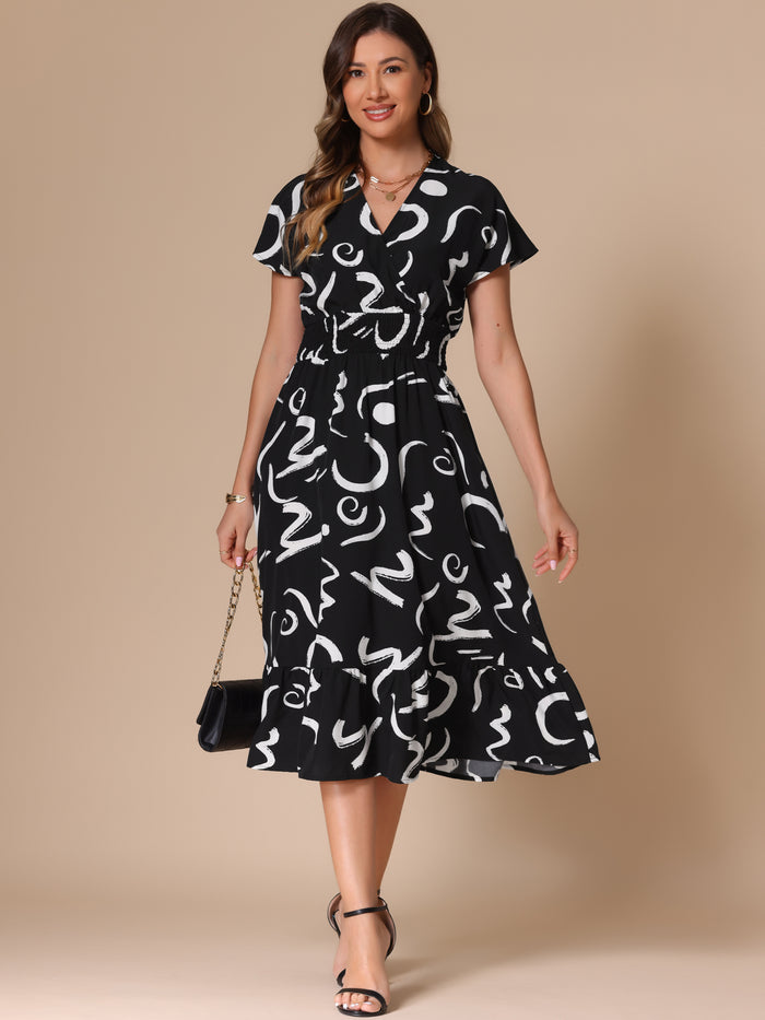 allegra k Short Sleeve Smocked Brush Strokes Print Midi Dress