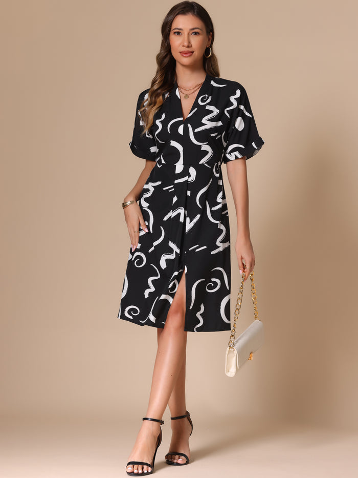 allegra k Short Sleeve V Neck High Waist Graphic Midi Slit Dress