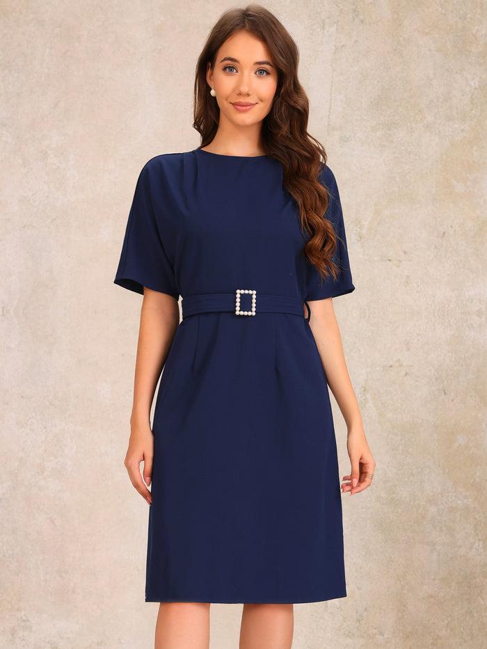 Allegra K Short Sleeves Crew Neck Belted A-Line Midi Dress