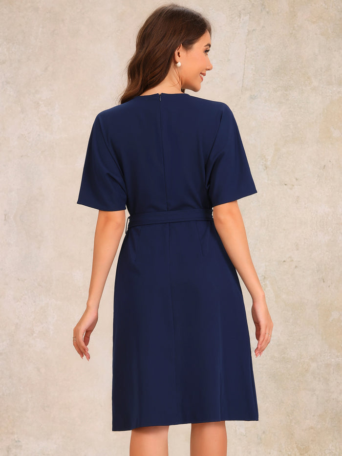 Allegra K Short Sleeves Crew Neck Belted A-Line Midi Dress