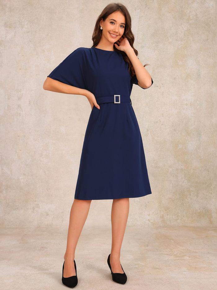 allegra k Short Sleeves Crew Neck Belted A-Line Midi Dress