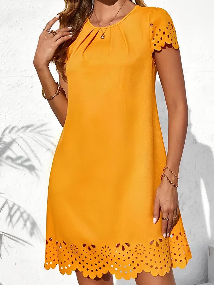 Allegra K Short Sleeves Solid Color Eyelet Mini Dress