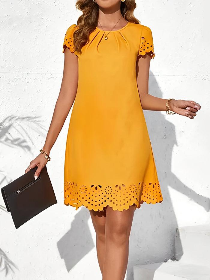 allegra k Short Sleeves Solid Color Eyelet Mini Dress