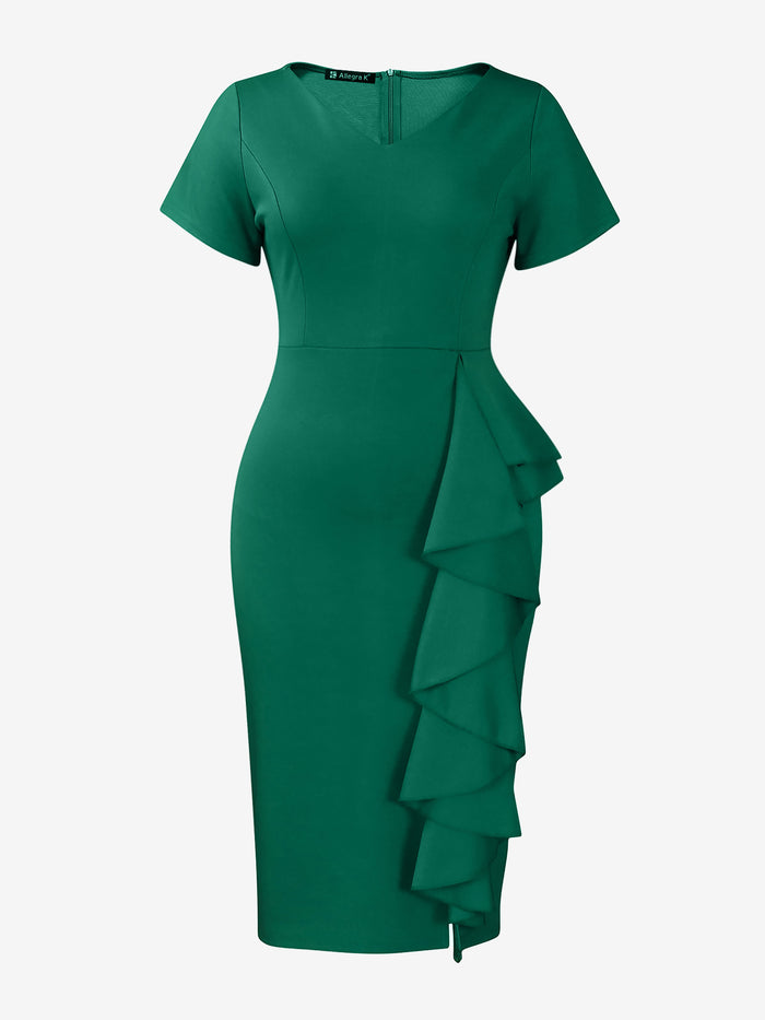 Allegra K Short Sleeves Solid Color Ruffled Sheath Dress