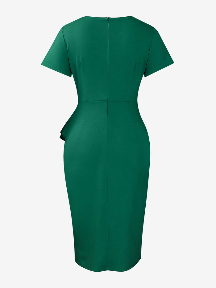 Allegra K Short Sleeves Solid Color Ruffled Sheath Dress