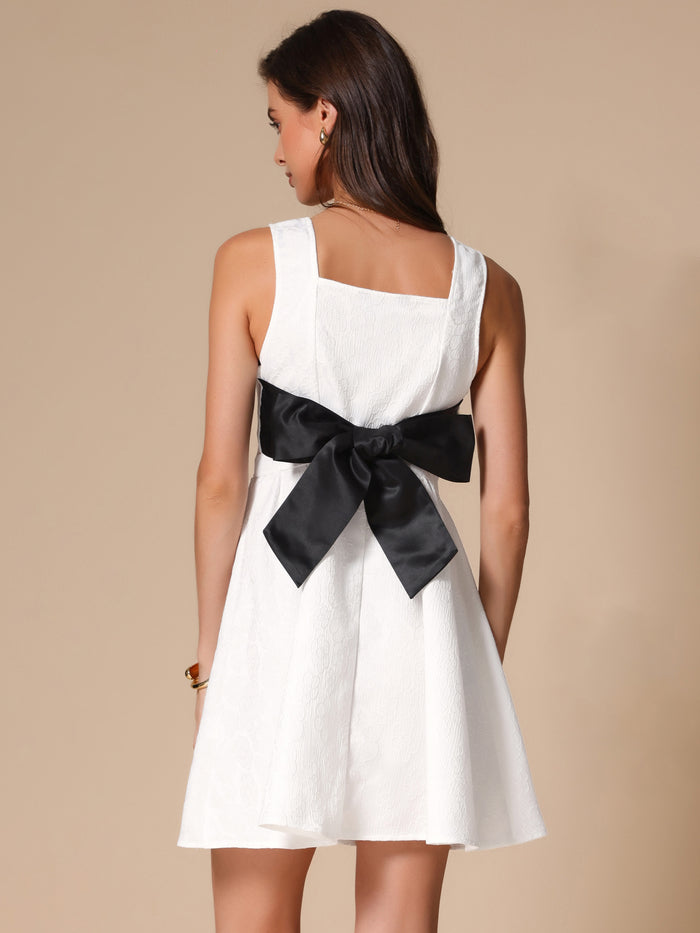 allegra k Sleeveless Back Bow Colorblock Textured Skater Dress