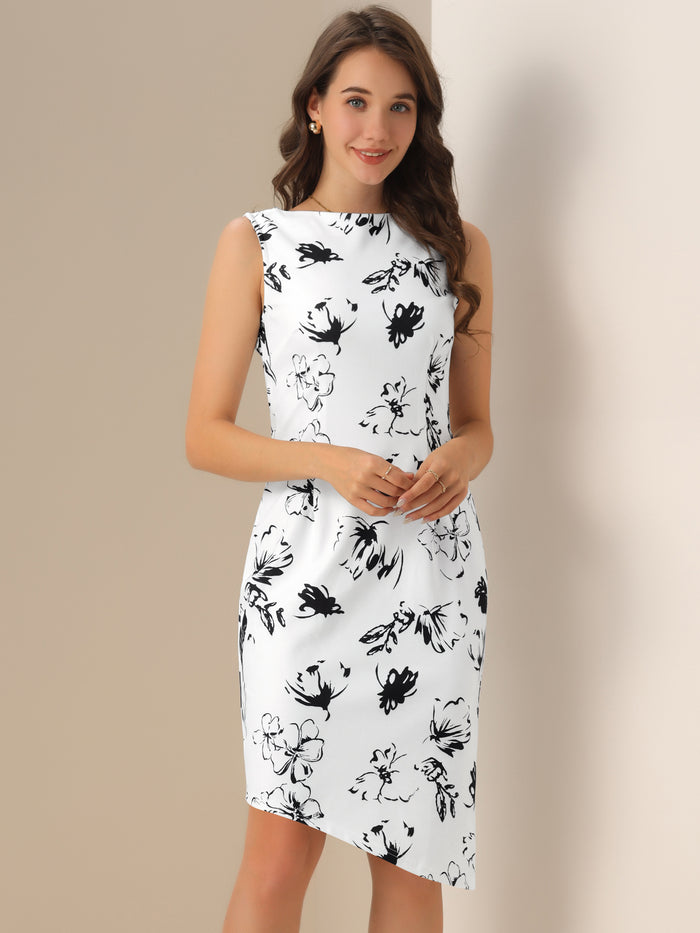 Allegra K Sleeveless Belted Floral Boat Neck Asymmetrical Hem Dress