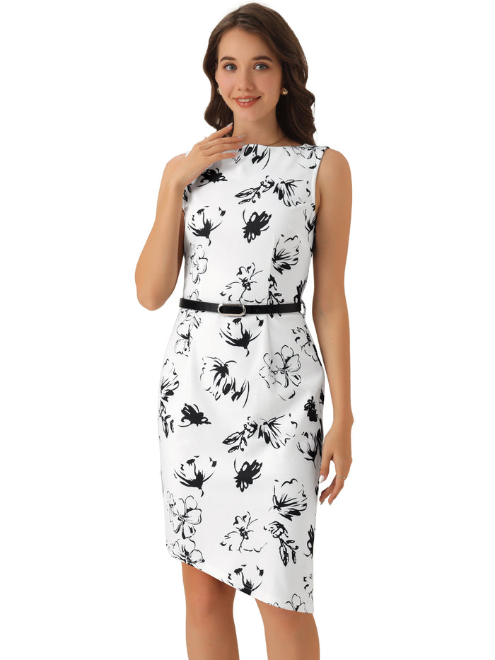 Allegra K Sleeveless Belted Floral Boat Neck Asymmetrical Hem Dress