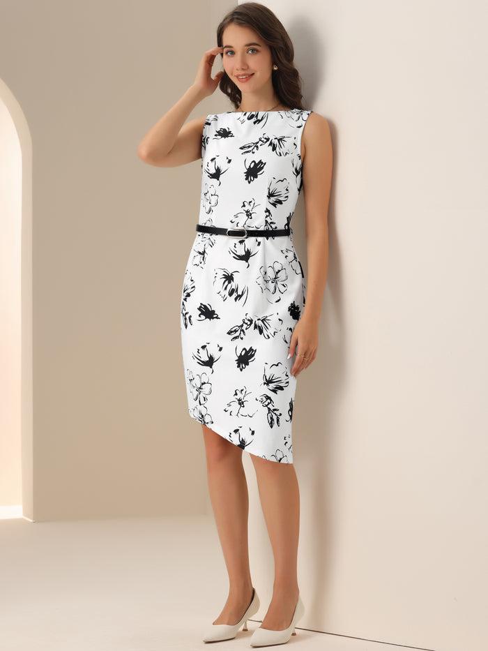allegra k Sleeveless Belted Floral Boat Neck Asymmetrical Hem Dress
