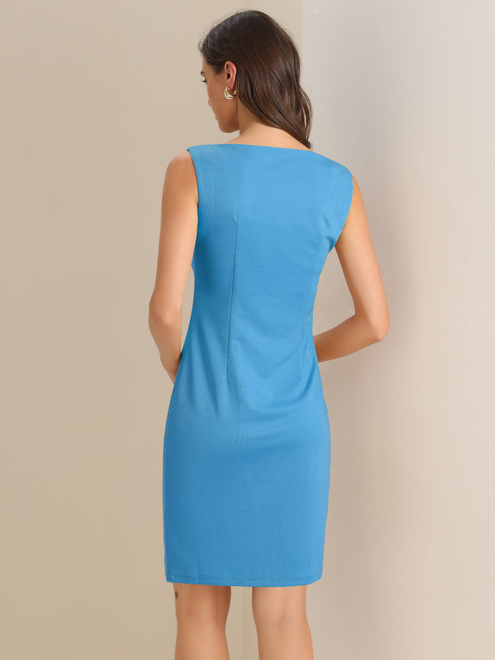 Allegra K Sleeveless Boat Neck Casual Office Solid Midi Sheath Dress