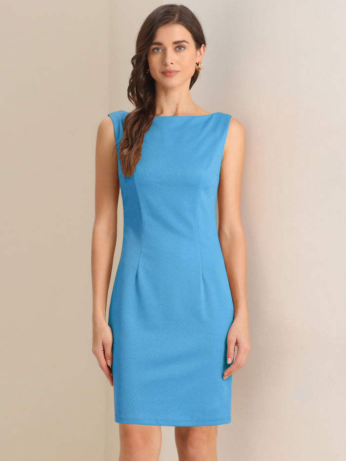 allegra k Sleeveless Boat Neck Casual Office Solid Midi Sheath Dress