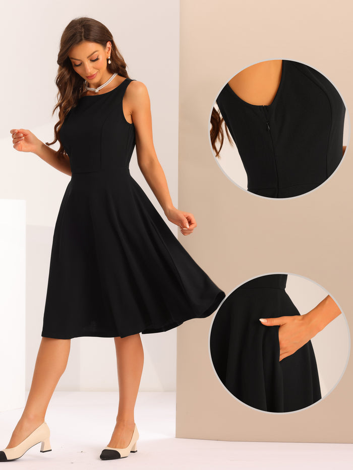 Allegra K Sleeveless Boat Neck High Waisted A-Line Midi Dress