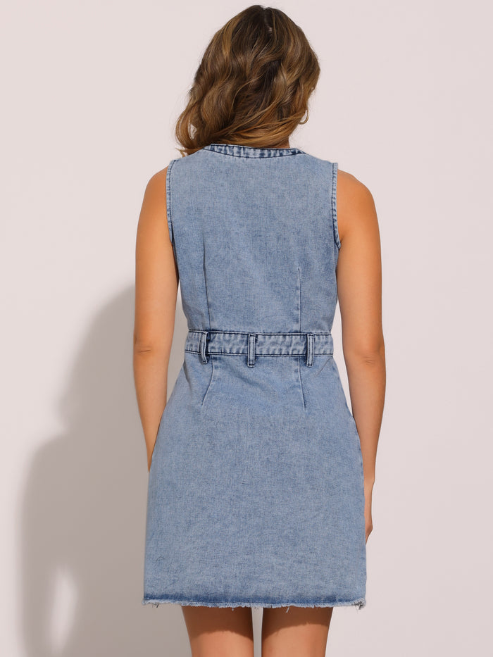 Allegra K Sleeveless Denim Button Down Pocketed Mini Dress