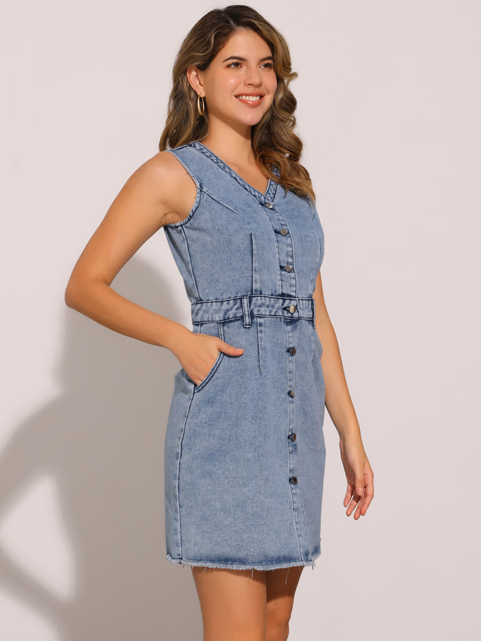 Allegra K Sleeveless Denim Button Down Pocketed Mini Dress