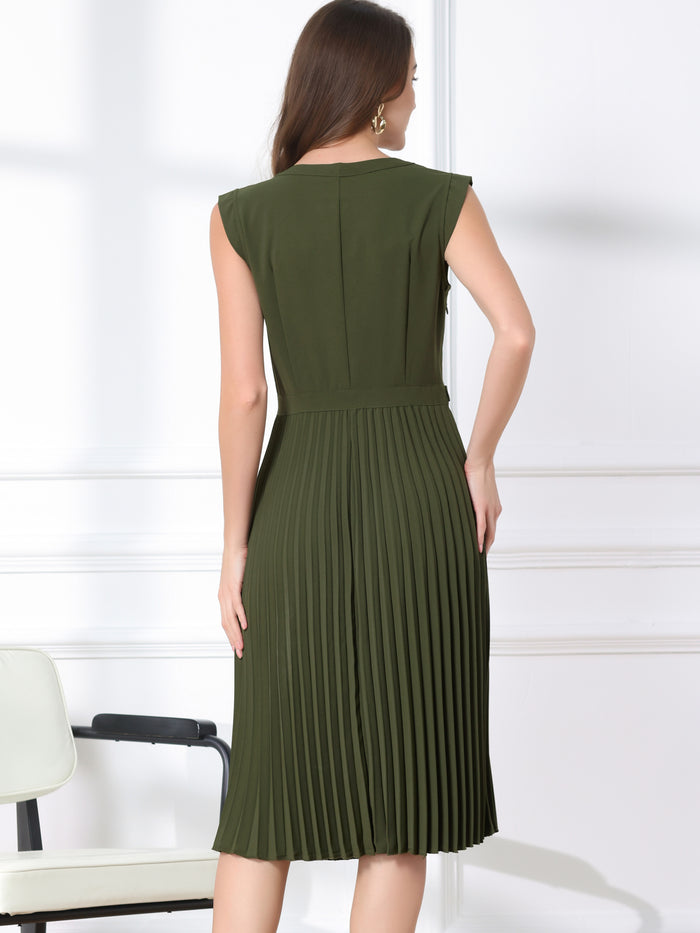 Allegra K Sleeveless Dress Casual V Neck Button Pleated Midi Dress