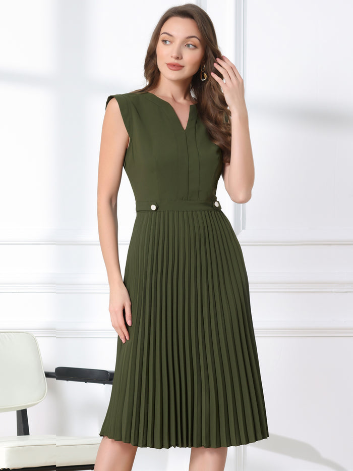 allegra k Sleeveless Dress Casual V Neck Button Pleated Midi Dress