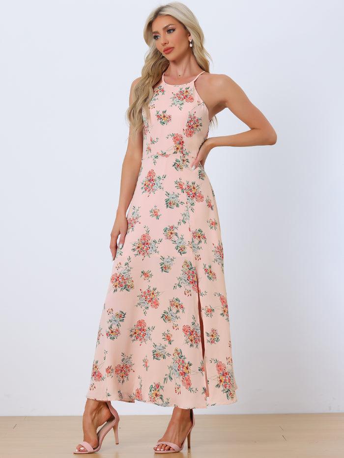 Allegra K Sleeveless Floral Round Neck Slit Hem Summer Long Maxi Dress Sundress