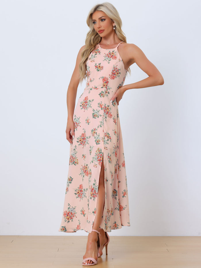 allegra k Sleeveless Floral Round Neck Slit Hem Summer Long Maxi Dress Sundress