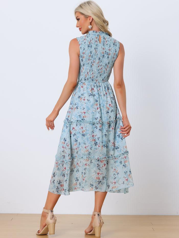 Allegra K Sleeveless Floral Ruffles Crew Neck Chiffon Smocked Dress Sundress