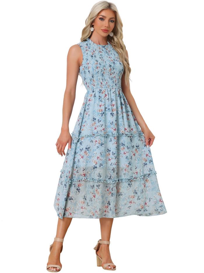 Allegra K Sleeveless Floral Ruffles Crew Neck Chiffon Smocked Dress Sundress