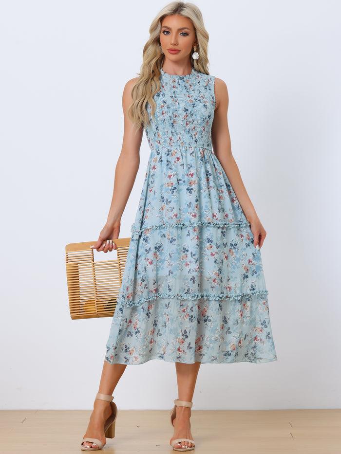 allegra k Sleeveless Floral Ruffles Crew Neck Chiffon Smocked Dress Sundress